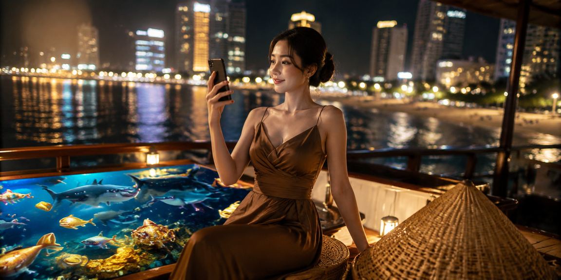 Người dùng tại Nha Trang truy cập casino trên điện thoại di động bên bờ biển