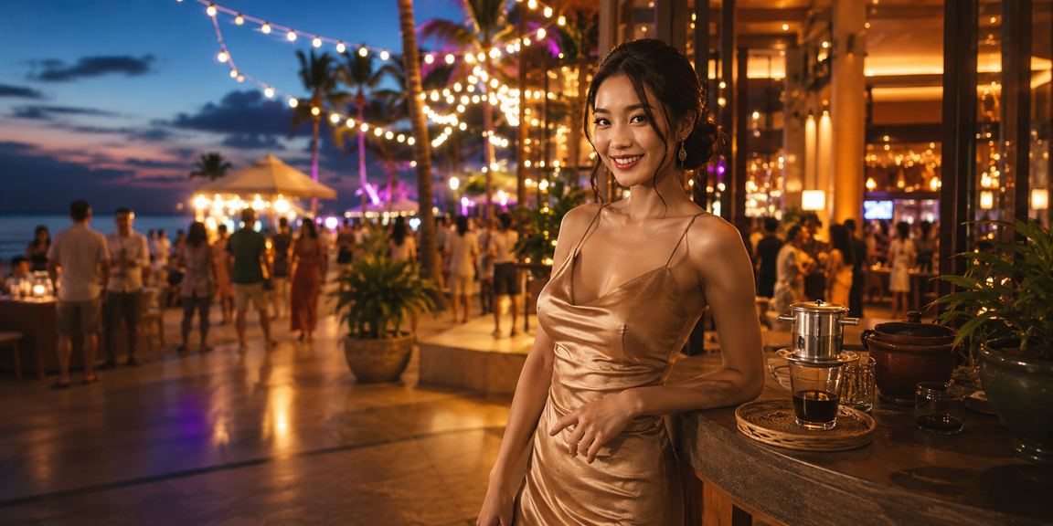 Khung cảnh Phú Quốc ban đêm với người dùng thư giãn bên ly cà phê và màn hình casino trực tuyến